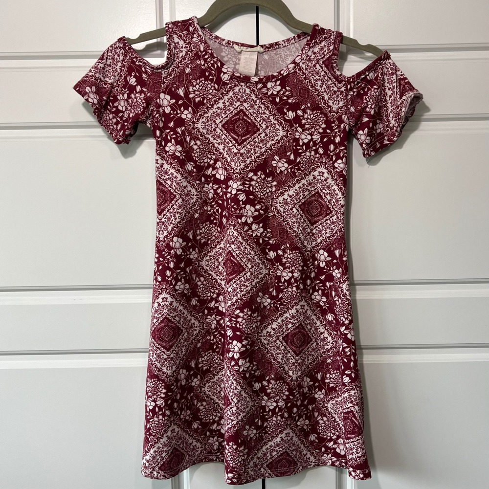 Btween Burgundy White Floral Cold Shoulder Dress Soft Casual Kids Size 7
